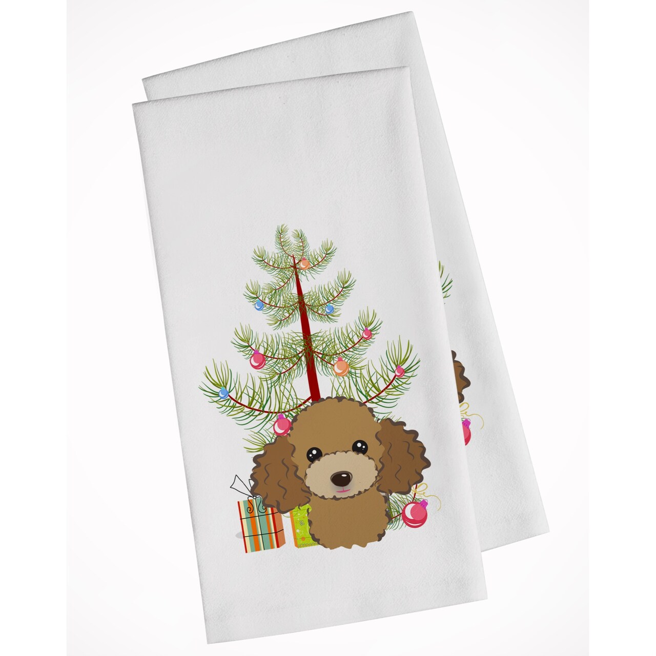 Christmas Tree and Chocolate Brown Poodle White Kitchen Towel Set of 2